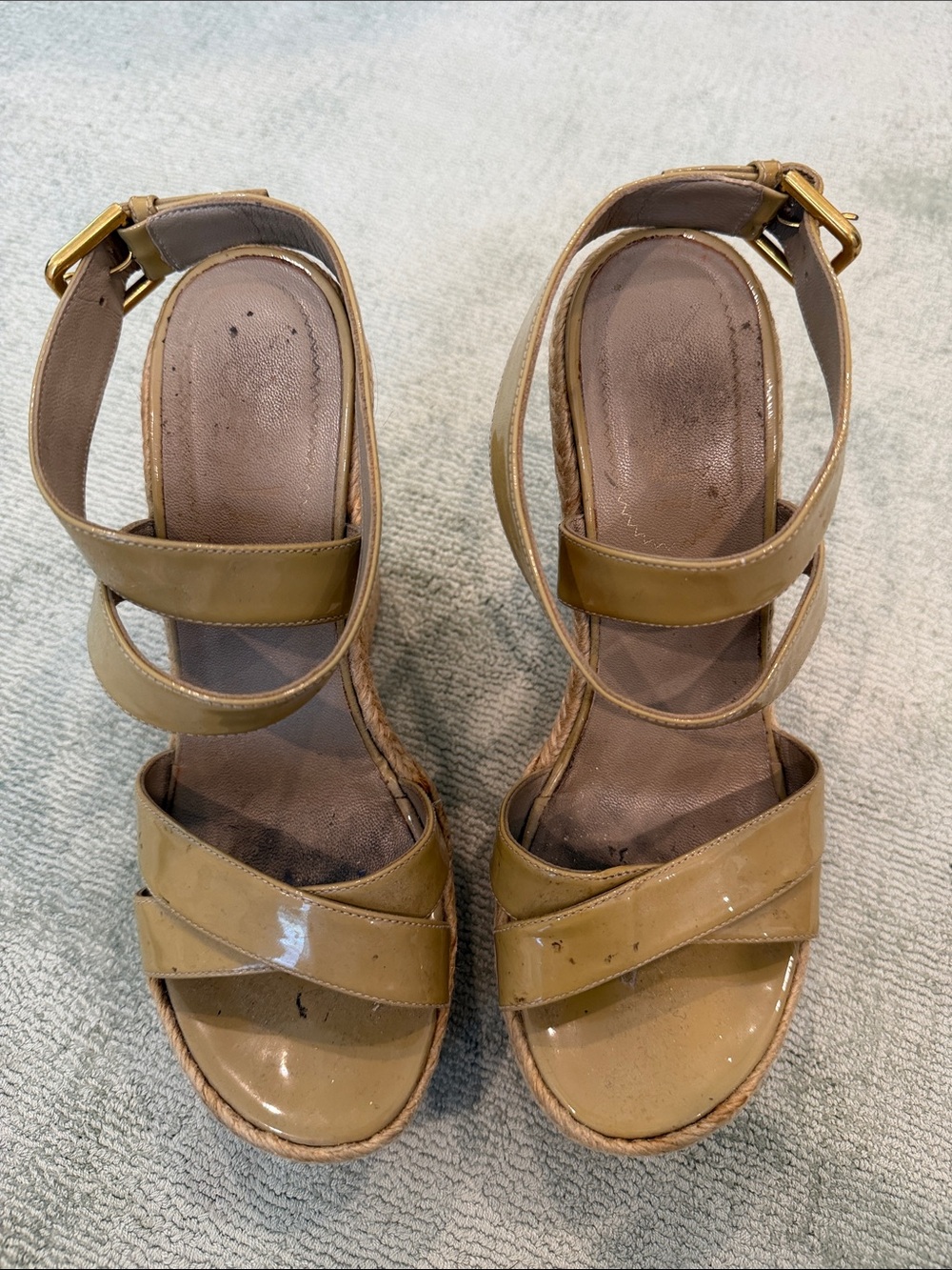 Yves Saint Laurent Tab Patent Leather Wedge Espadrille Sandals